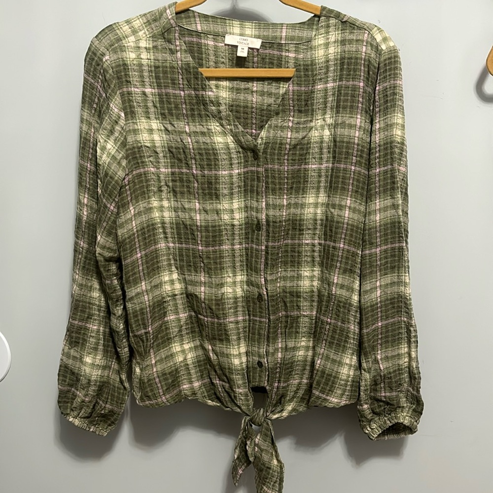 Como Vintage green, cream, lilac plaid tie waist button down size medium